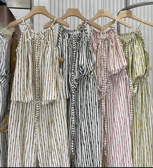 Women Stripes Drawstring Tie Tops With Trousers sets